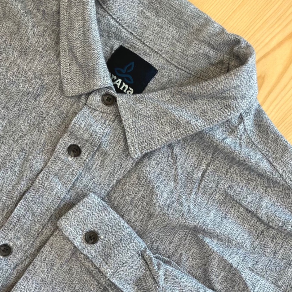 Prana Mens XL Organic Cotton Herringbone Button Down Shirt Grey Long Sleeve